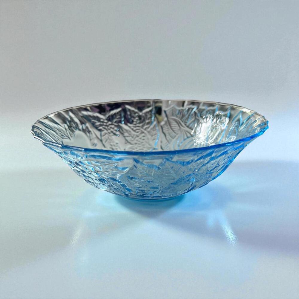 Vintage 1970s KIG Indonesia Della Robbia Ice Blue Glass Bowl – Raised Floral